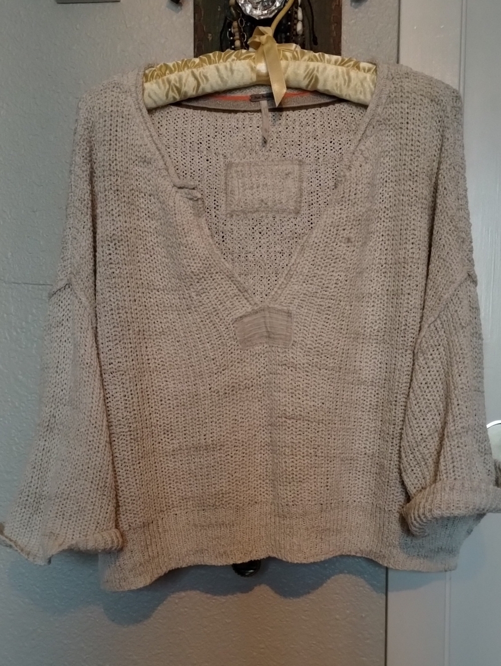 Free People Cream V-Neck Open Knit Pullover